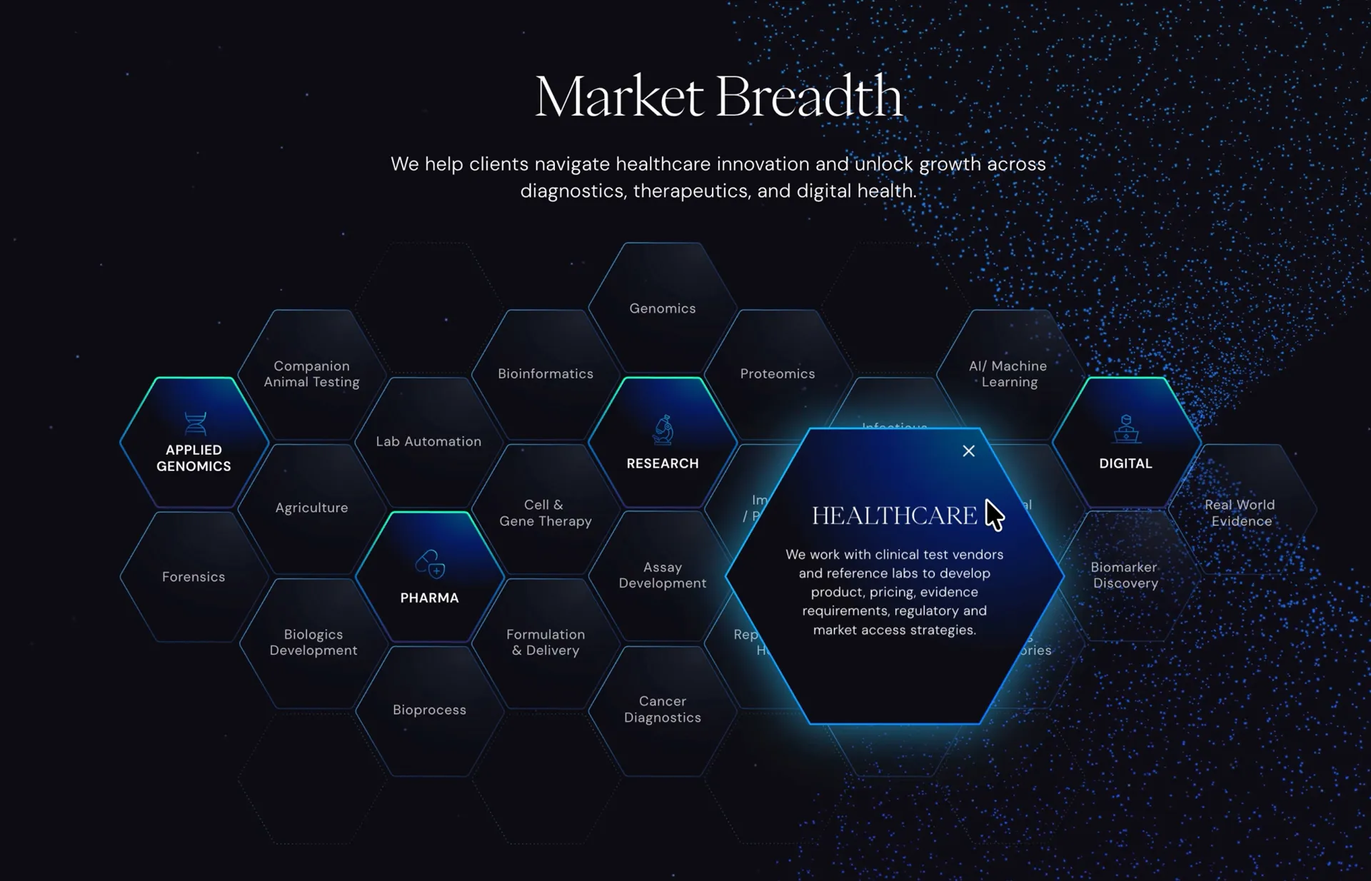 Chrysalis hexagonal grid of 23+ market verticals